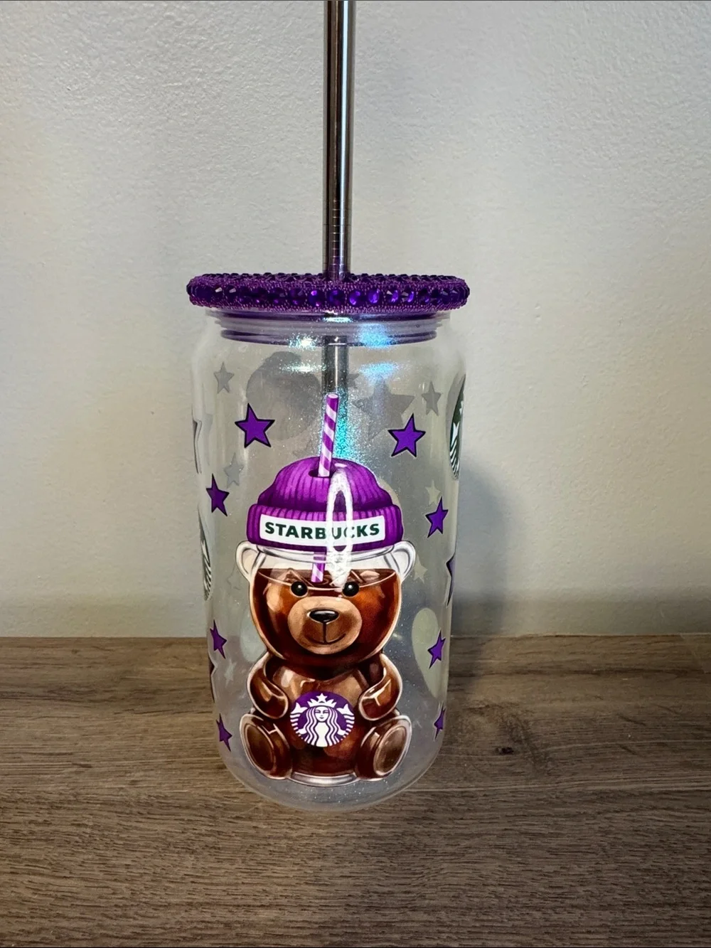 Starbies bear 16oz glass jar with lid